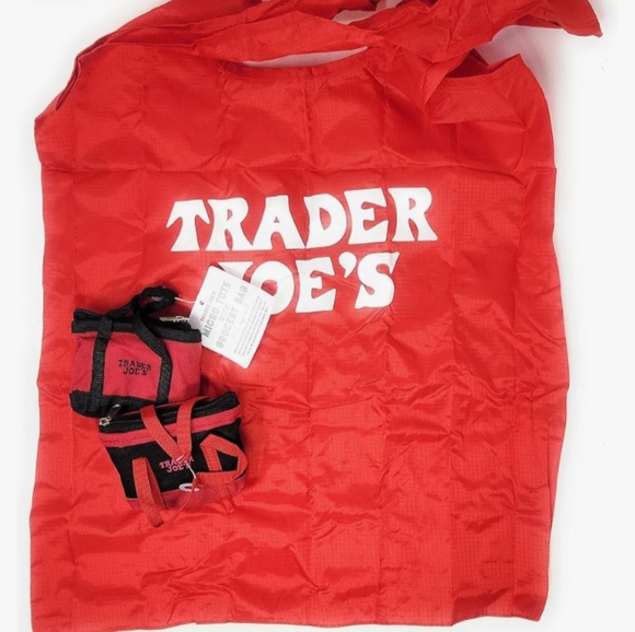 Trader Joe's 2 Pack Mini Micro Totes with reusable grocery bag inside red+black - Picture 4 of 5